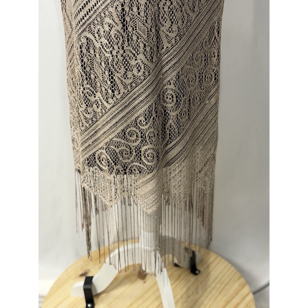 Vintage Helene Blake Crochet Lace Dress Sz 10 Gold Lurex Fringe Whimsigoth Boho - Picture 4 of 12